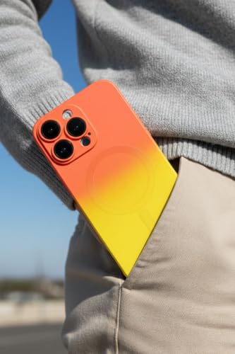 Image of amazon basics Gradient Mag-Safe Case for iPhone 16 Pro Max | Soft Silicone Shockproof Cover with Camera Protection | Slim Lightweight Design | Smooth Touch & Durable - Orange & Yellow