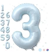 3rd Birthday Balloons for Boys, 40'' Foil Self Inflating Light Matte Blue Number 3 Balloon, Paste...