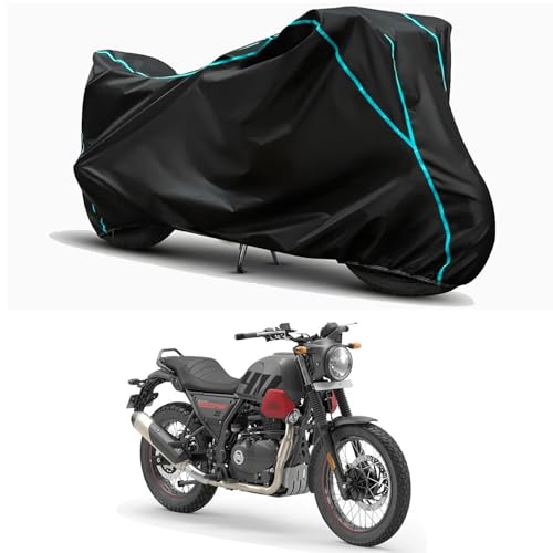 Image of Waterproof Bike Body Cover Compatible for | Royal Enfie Scram 411 ABS | Taffeta Fabric, Sky Piping Design, Bottom Elastic Fit | Dustproof, Sun UV & Rain Protection for All Weather.