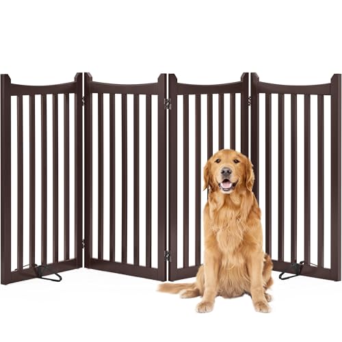 Image of Yaheetech Freestanding Pet Gate Indoor 4-Panel Wooden Stair Gate for Small and Medium Dogs, Foldable Dog Fence with 2 Support Feet,Pets Door for Doorways /Stairs /Halls /Kitchen (91cmH, Espresso)