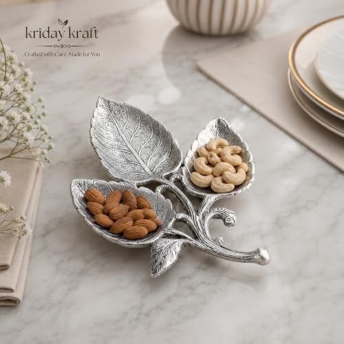 Image of Vintage Metal Silver Leaf Shaped Serving Tray, 3 Compartment Dry Fruit Platter, Decorative Snack Bowl, Tabletop Decor
