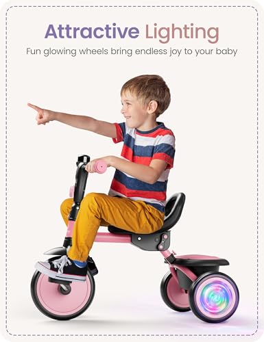 Image of besrey Colorful Lighting Toddler Tricycle for Ages 18 Months to 5 Years, Toddler Bike with Bell, Kids Tricycle, Gift for 2-5 Year Olds, Toy for Boys and Girls, Tricycle for Toddlers, Pink