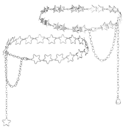 2 Pcs Star Chain Belt for Women, Adjustable Y2K Metal Waist Belt - Punk Body Belt Jewelry for Dresses, Jeans & Rave