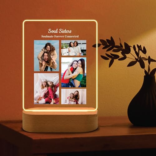 Image of Giftplease Customized LED Photo Frame for Sister | Personalised Photo Frame with Wooden Stand & Light | Special Birthday Gift for Sister | Transparent Tabletop Frame (6x7.25 Inch) SIS 07