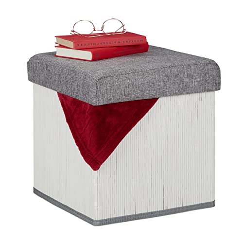 Pouf Contenitore Pieghevole Sgabello in bambù Poggiapiedi Imbottito HxLxP: 36 x 35 x 35 cm poliestere grigio bianco