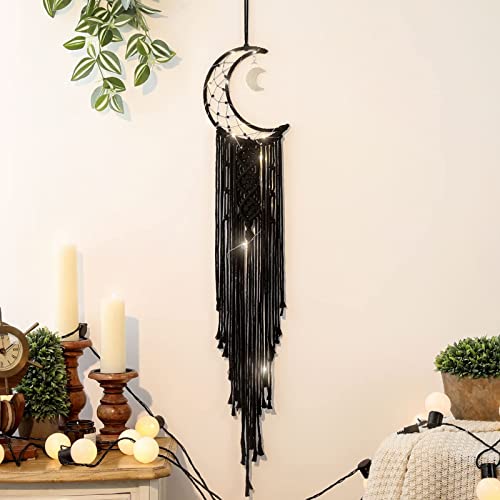 Attrape-Rêves Lune Macramé Noir avec Lumière, Décor Boho