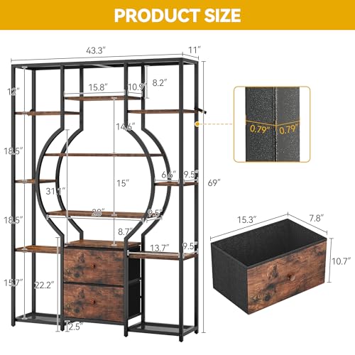 DWVO 6-Tier Bookshelf, Etagere Bookcase w/2 Drawers & 12 Open Shelf, Wood and Metal Book Shelf Storage Organizer, Industrial Display Shelf Unit for Study Living Room Bedroom Home Office, Rustic Brown