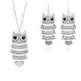 Ailiessy Vintage Retro Owl Necklace Earrings Big Eye Owl Bird Dangle Drop Earrings for Women Fashion Jewelry Set(silver)