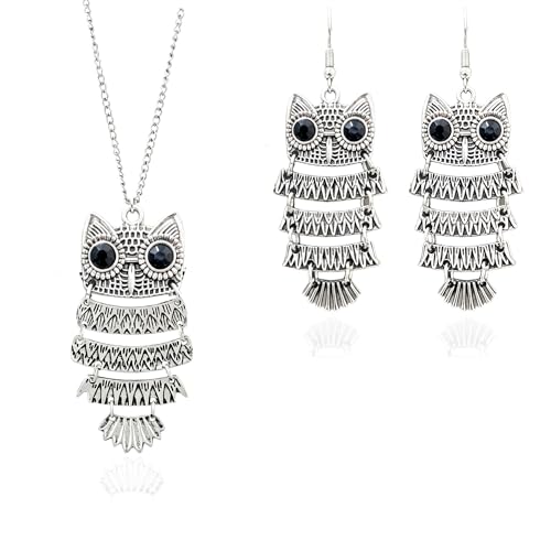 Ailiessy Vintage Retro Owl Necklace Earrings Big Eye Owl Bird Dangle Drop Earrings for Women Fashion Jewelry Set(silver)