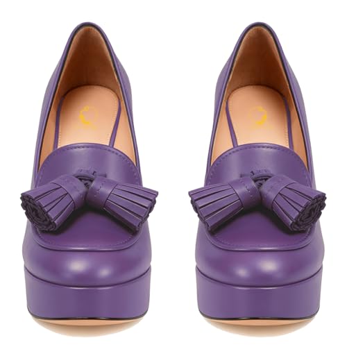 Image of SHODENSE Women Vintage Chunky Platform Loafers Pumps Tassel Round Closed Toe Slip On Suede Block High Heel Dress Loafer Shoes Buckle Strap Oxford Loafers Fringe Pump Dressy Chic Sexy Y2k 4-11 M US