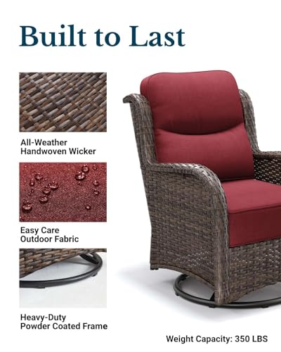 HILLGA Luxury Patio Furniture Set with 6-inch Thick Cushion, Outdoor High Back Swivel Rocker Patio Chairs, 5PCS Wicker Conversation Set for Deck Yard and Poolside, Burgundy (V2)
