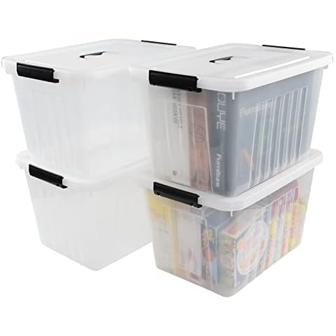 Uumitty 4-Pack 25 Quart Storage Boxes, Plastic Storage Latch Bin with Handle, Clear Cover