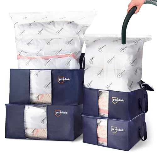 Kit de rangement compact PackShield - 4 Housses et 4 Sacs Sous Vide - Compression avec aspirateur - Grande capacité XXL - Protégez et Transportez Duvets Couettes...