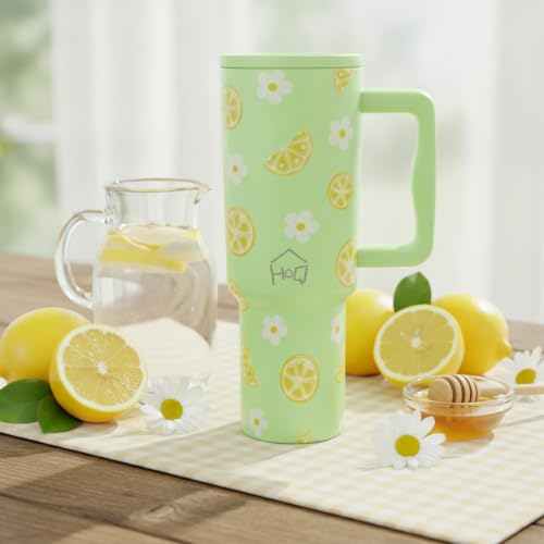 Image of House of Quirk 1200ML Stainless Steel Tumbler with Handle & Lid, 2 Straws - Large Travel Mug Water Cup for Gym, Office & Outdoor Use (Green Lemon)