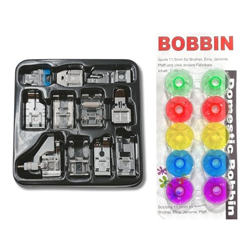 Image of ZENITH 11 Pcs Sewing Machine Presser Feet Accessories Kit, Compatible with Brother, Usha Janome, Singer Low Shank, Multiple Stitch Functions (11 pc Kit + 10 Multicolor Bobbins)