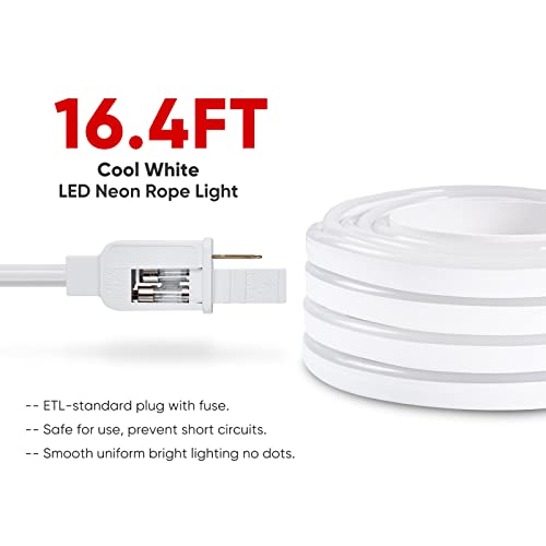 Shine Decor Led Neon Rope Lights Connectable, 16.4Ft Flexible Ac110V 120V Neon Led Strip Lights(Daylight Cool White) Outdoor Waterproof, Etl Plug&Play Neon String Lighting 120Led/M For Home Commercial #TOP1