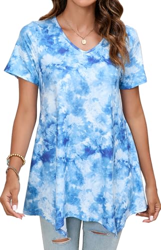 Enmain Tunika Damen Kurzarm Sommer Damen Tuniken Hellblau Oberteile Lang für Frauen Große Größen V Ausschnitt Paisley Blumen Longshirt...