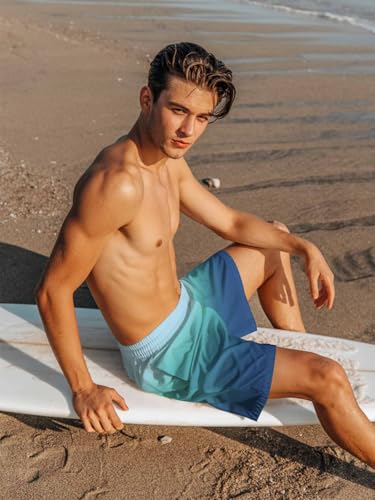 Mens Swim Trunks with Compression Liner,Blue Cyan Gradient Men's Inseam Board Shorts Quick Dry Bathing Suit for Men/Boys3