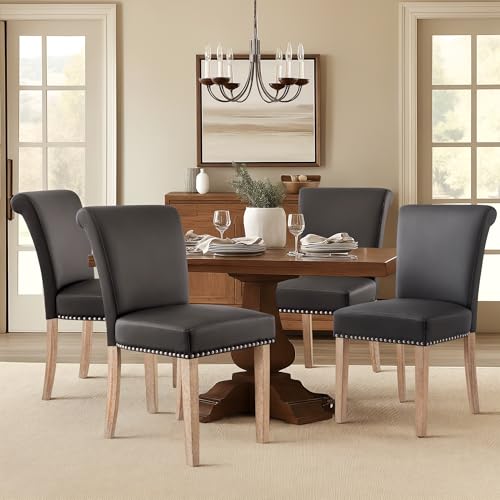 Image of CHUN YI Dining Chairs Set of 4, Faux Leather Dining Room Chairs, Upholstered Modern Kitchen Parsons Chairs for Dining Room with Sturdy Wood Legs, Vintage Grey
