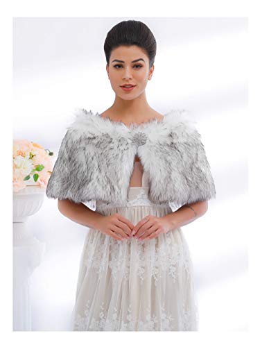 Unicra Women's Faux Fur Capes with Brooch Wedding Shrugs Bridal Faux Fur Shawls Stoles for Brides (White with Black)