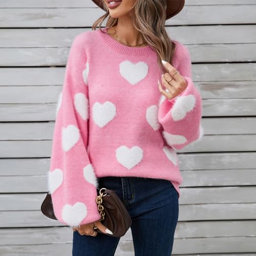 Image of Women's Valentine Love Print Heart Fun Sweater Casual Crewneck Long Sleeve Knit Sweatshirts Pullover Tops