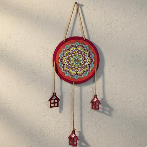Image of DECORIQUE Mandala Wall Hanging with Wooden House Charms Multicolour Decorative Wall Art for Living Room Bedroom Door Home Decor Gift Hanging Accent