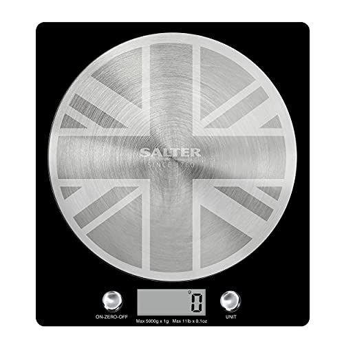 Salter 1036 UJBKDR Electronic Kitchen Scale - Digital Weigh Scale, Union Jack Design Spun Stainless Steel Disc Platform, LCD Display, 5kg Capacity, Battery Included, Add & Weigh/Tare, Measure Liquids