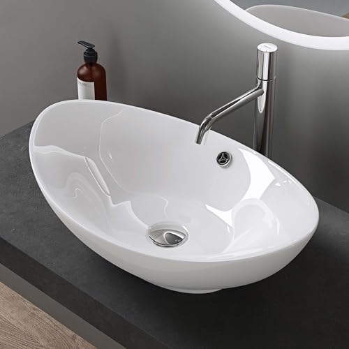 doporro Lavabo Ovale da Appoggio in Ceramica Bianco Lucido 59x38,3x19,2 cm, Lavandino Bagno con Troppopieno Effetto Loto Brüssel818