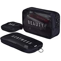 House Of Quirk Travel Mesh Makeup Bags Set 3 Pieces See Through Zipper Pouch Travel Cosmetic and Toiletry Organizer Bag 3 Pack of S M L (Black)