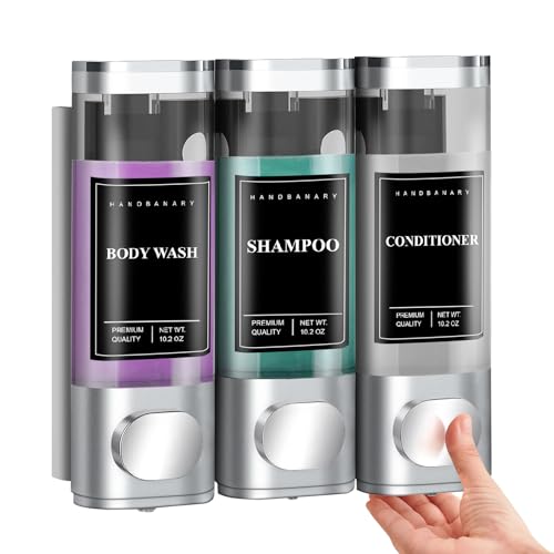Shampoo Conditioner Body Wash Dispenser, Shower Dispenser 3 Chamber No Drill Shower Soap Dispenser Wall Mounted Shower Gel Dispenser for Bathroom Hotel, Large Capacity, Silver