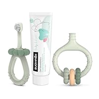 Suavinex, Starter-Set zur Zahnpflege, inkl. Zahnbürste für Babys + Zahnfleischmassagegerät + Zahnpasta für Babys, als Geschenk, ergonomische Griffe, für den täglichen Gebrauch, ab 0 Monaten, Grün