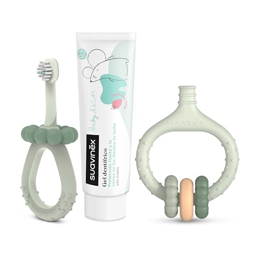 Suavinex, Set Inicio Cuidado Dental, Incluye: Cepillo de Dientes para Bebés + Masajeador Encías + Pasta de Dientes para Bebés, para Regalar, Mangos Ergonómicos, Uso Diario, +0 Meses, Verde