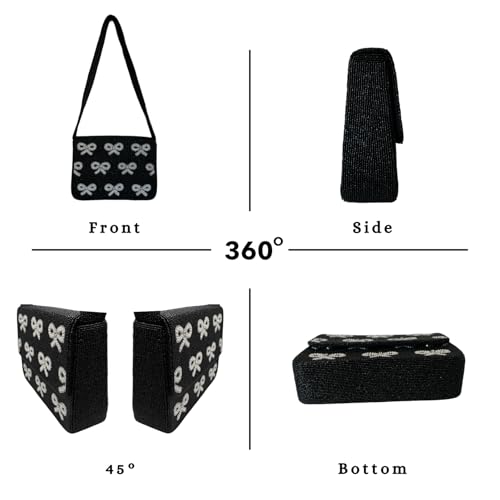 Elegant Black Beaded Shoulder Bag with Bow Accents, Chic Formal & Casual Occasions, Lightweight & Durable (Bow Elegance)2