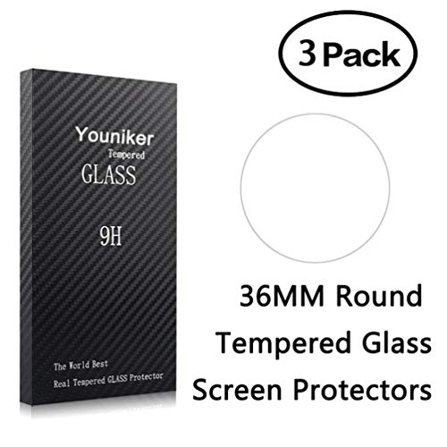 Youniker 3 Pack Universal Round Watch Screen Protector Tempered Glass, 36mm Generic Watch Screen Protector Foils Glass 9H Hardness 0.3MM Slim, Anti-Scratch, Anti-Fingerprint, Bubble Free (36MM)
