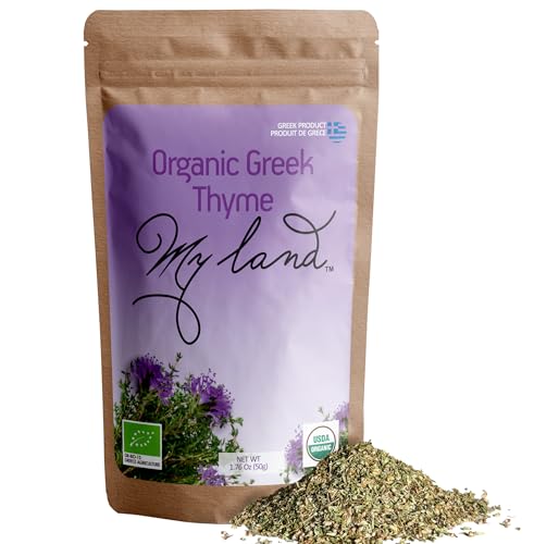 My Land Organic Dried Thyme Leaves - Greek Mountain Thyme From Mt. Olympus | Usda Organic Mediterranean Herb For Tea & Seasoning, 1.76 Oz (50 G)