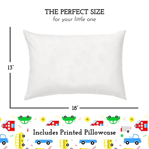 Toddler Pillow With Toddler Pillowcase - Soft Hypoallergenic - Best Pillow For Kids! Better Neck Support And Sleeping! Better Naps In Bed, A Crib, Or At School! Makes Travel Comfier! (Trucks 'N Cars) #TOP1