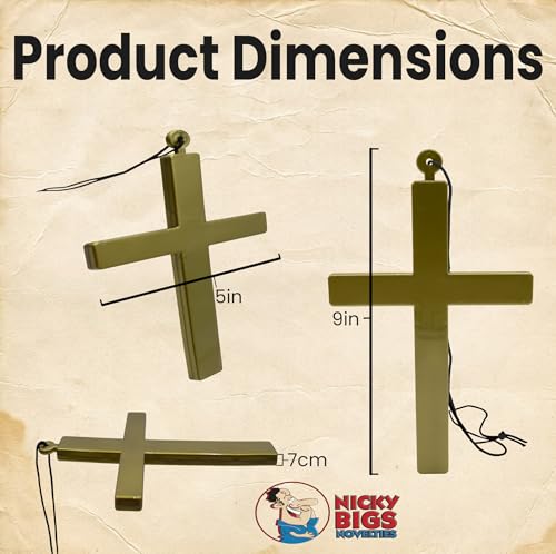 Nicky Bigs Novelties Large Gold Monk Cross Necklace – 9" Plastic Cross Prop for Priest Nun Pope Costumes – Halloween Cosplay Church Costume Accessory, 5 x 9 Inches4