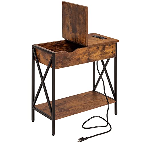 Weenfon Side Table With Charging Station, 2 Tiers Flip Top Narrow Side Table With 2 Usb Ports And 2 Outlets, Nightstand With X-Shaped Metal Legs,Side Tables Living Room, Rustic Brown And Black #TOP3
