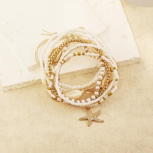 Image of Shell Anklets Bracelet for Women Waterproof Surfer Starfish Bracelet Puka Shell Anklet Colorful Boho Stack Stretch Bead Bracelet Set Hawaii Summer Beach Vacation Foot Jewelry