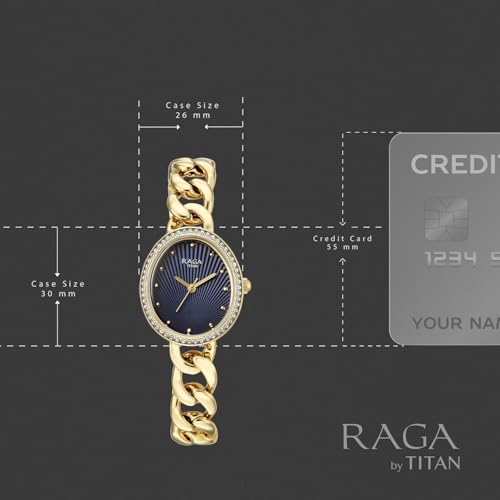 Image of Titan Raga Spotlight with Quartz Analog Blue Dial Gold Brass Strap Watch for Women - 95429YM01
