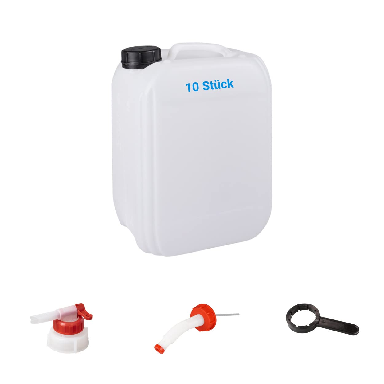 DIN51 Lot de 10 bidons empilables 10 l avec robinet d'écoulement, bec verseur et clé, pour eau, sans BPA, naturel