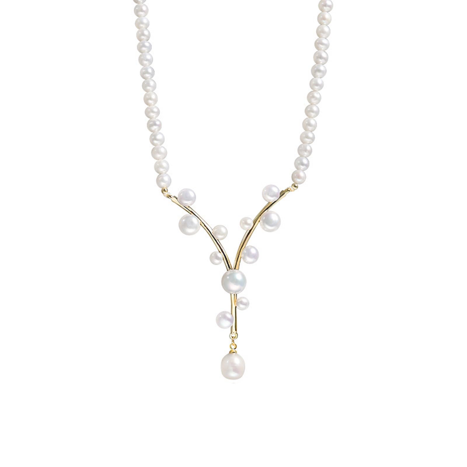 Collier Y Perles d'Eau Douce 4-10mm, Ras du Cou Femme Plaqué Or Fantaisie Mariage, 41+5.5cm