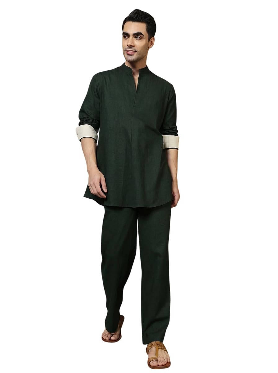 amanush Solid Cotton Shirt With Ankle Length Pant Cord Set|Mens Shirt Pant Set|Mandarin Collar|Long Sleeve|Co ords for Men Fashion|Western Party Casual Wear|Two Piece (Charcoal Green)-picture-10