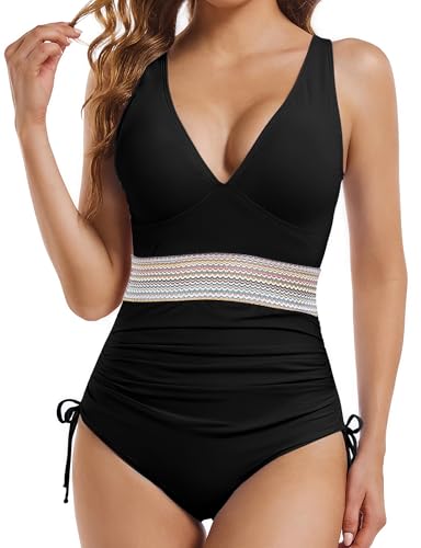 Buauty Women's One Piece Swimsuits Tummy Control Bathing Suits for Womens Color Block Drawstring V Neck Slimming Swimwear