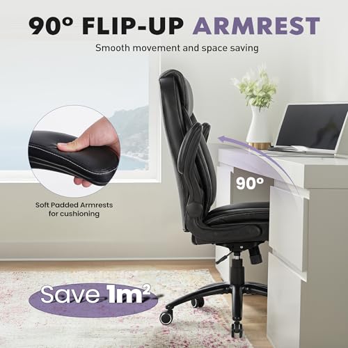 Image of 300lbs Capacity Executive Desk Chair Set of 2 with Ergonomic Lumbar Support, Flip-up Arms & High Back Leather Computer Chair for Home /Office, Black