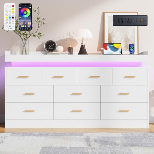 Image of Hlivelood 10 Drawer Dresser with LED Lights & Charging Station, Wide Wooden Chest of Drawers for Bedroom, Storage Organizer Cabinet, Modern TV Stand Dresser for Closet, Living Room, Hallway, White