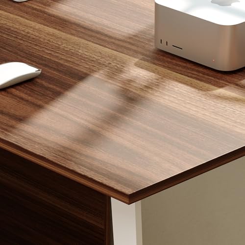 Image of Homsee Home Office Computer Desk Corner Desk with 3 Drawers, 2 Shelves & 2 Doors, 55 Inch Large L-Shaped Study Writing Table with Storage Cabinet, White & Brown (54.3 inchL x 40.9 inchW x 29.1 inchH)