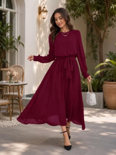 Image of LITZO Women's One Piece Dress - Georgette Solid Color Western Gown | Long Sleeve Round Neck Fit & Flare Flared Hem Design | A-Line Maxi Dress for Women | New Year Party Outfit (NO-14-16)