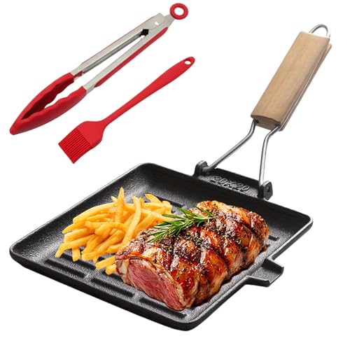 WIYETY Grillpfanne Induktion: Steakpfanne Gusseisen mit Abnehmbarer Griff, 20 x 20 cm Antihaft Beschichtet Gusseisen Grill Pfanne für Alle Herd Arten, Leicht zu Reinigen