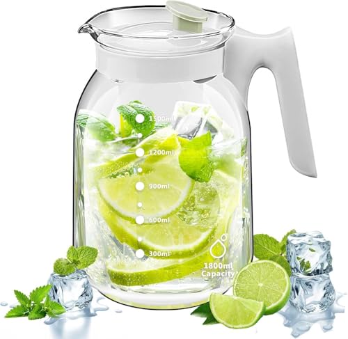 Caraffa Acqua in Vetro 1,8 Litri con Coperchio - Ideale per Acqua, Succo, Tè Freddo e Altri Bevande - Brocca Acqua Vetro Senza BPA per Bevande Calde e Fredde con Beccuccio e Filtro
